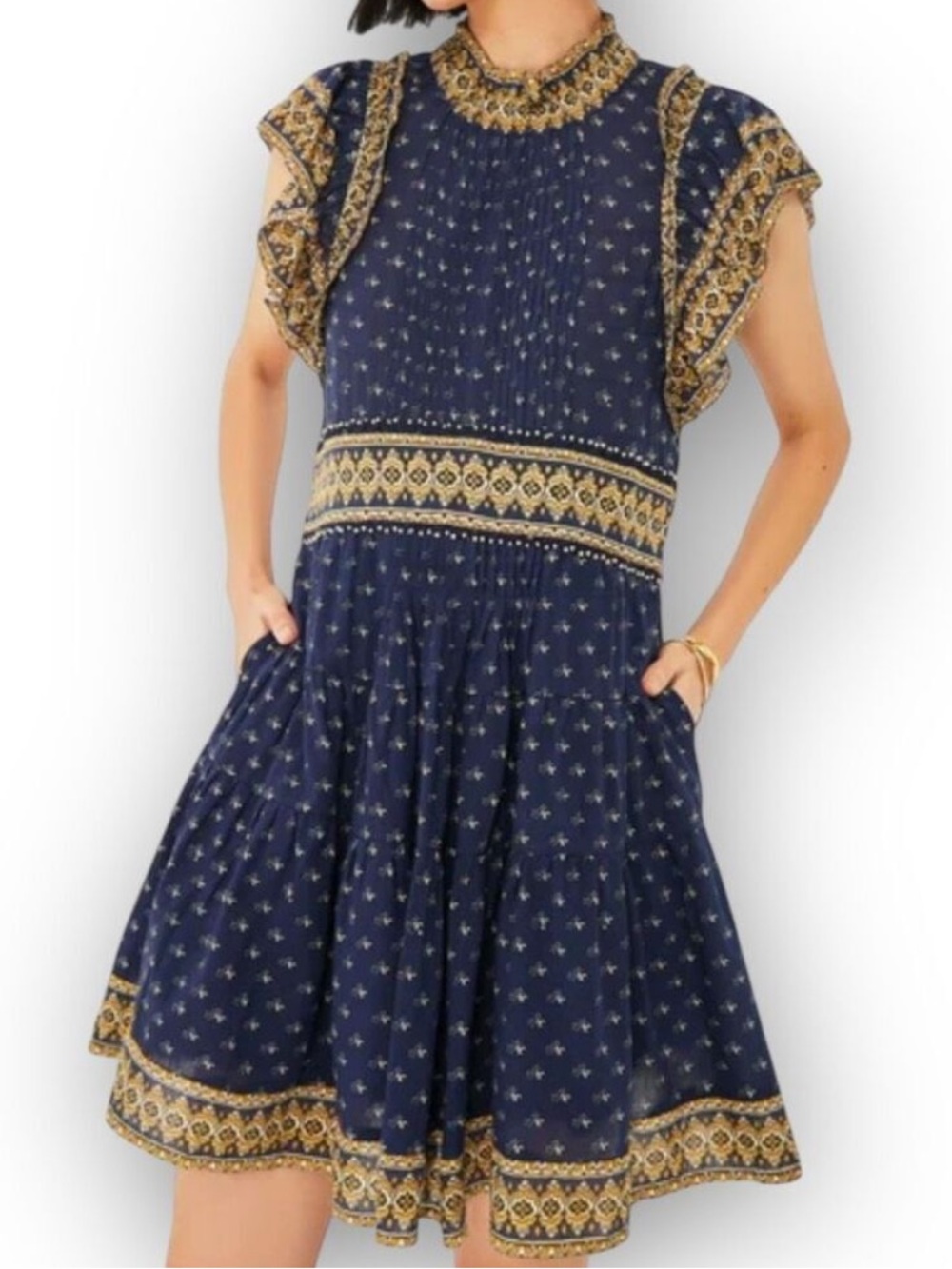 Sea New York, navy and gold, airy, printed mini dress